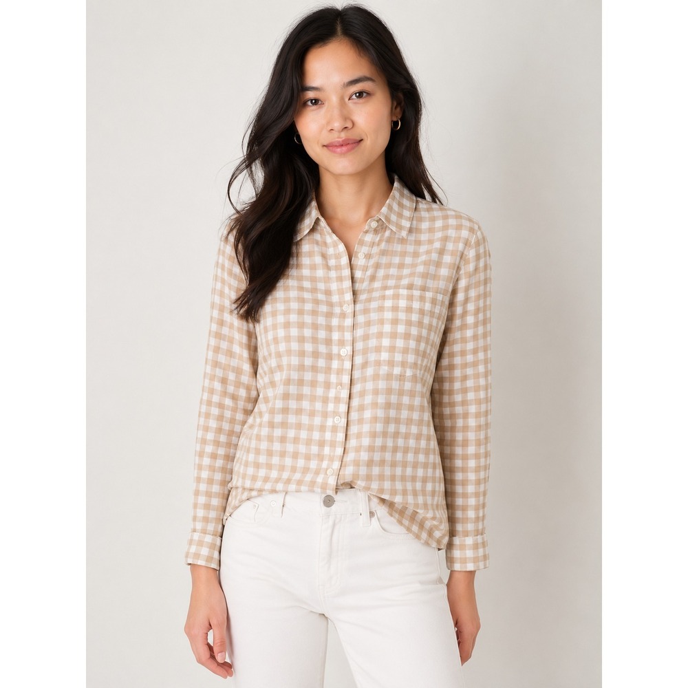 J.Crew Women's Beige White Gingham Shirt S Cotton Button Down Preppy Minimalist